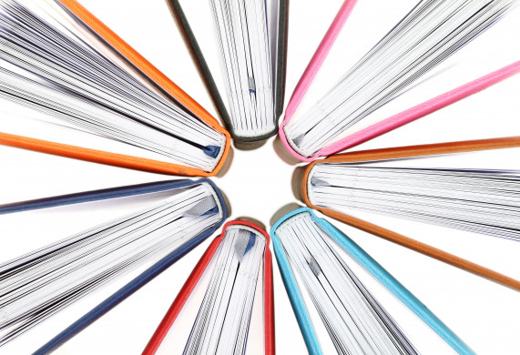 Top view of colorful books in a circle