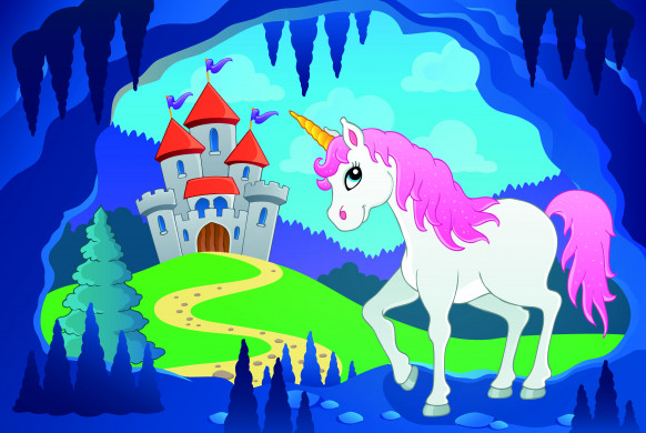 Cute unicorn in fairy tale cave