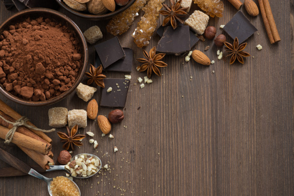chocolate, cocoa, nuts and spices