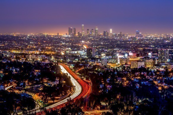 Los Angeles downtown and hollywood skyline at night