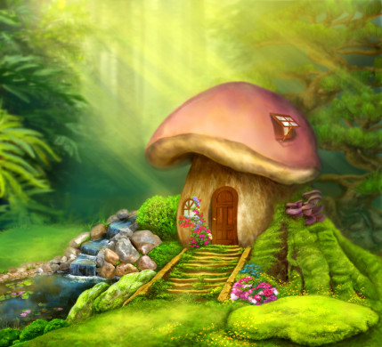 Fantasy mushroom cottage on a colorful meadow