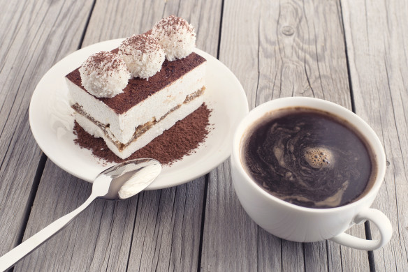 Coffee and cake as a morning meal. Tasty food background