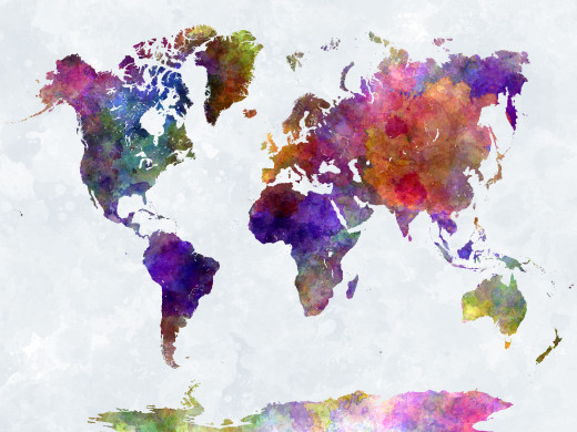 World map in watercolorpurple and blue
