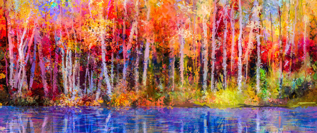 Oil painting colourful autumn trees
