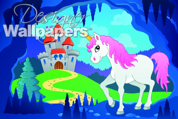 Cute unicorn in fairy tale cave