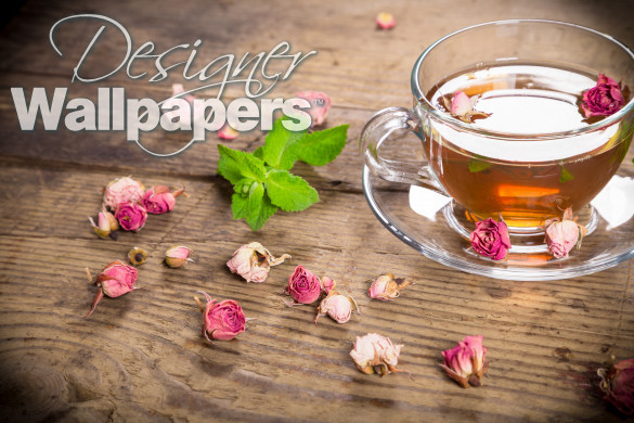 Cup of green tea with mint and dried roses
