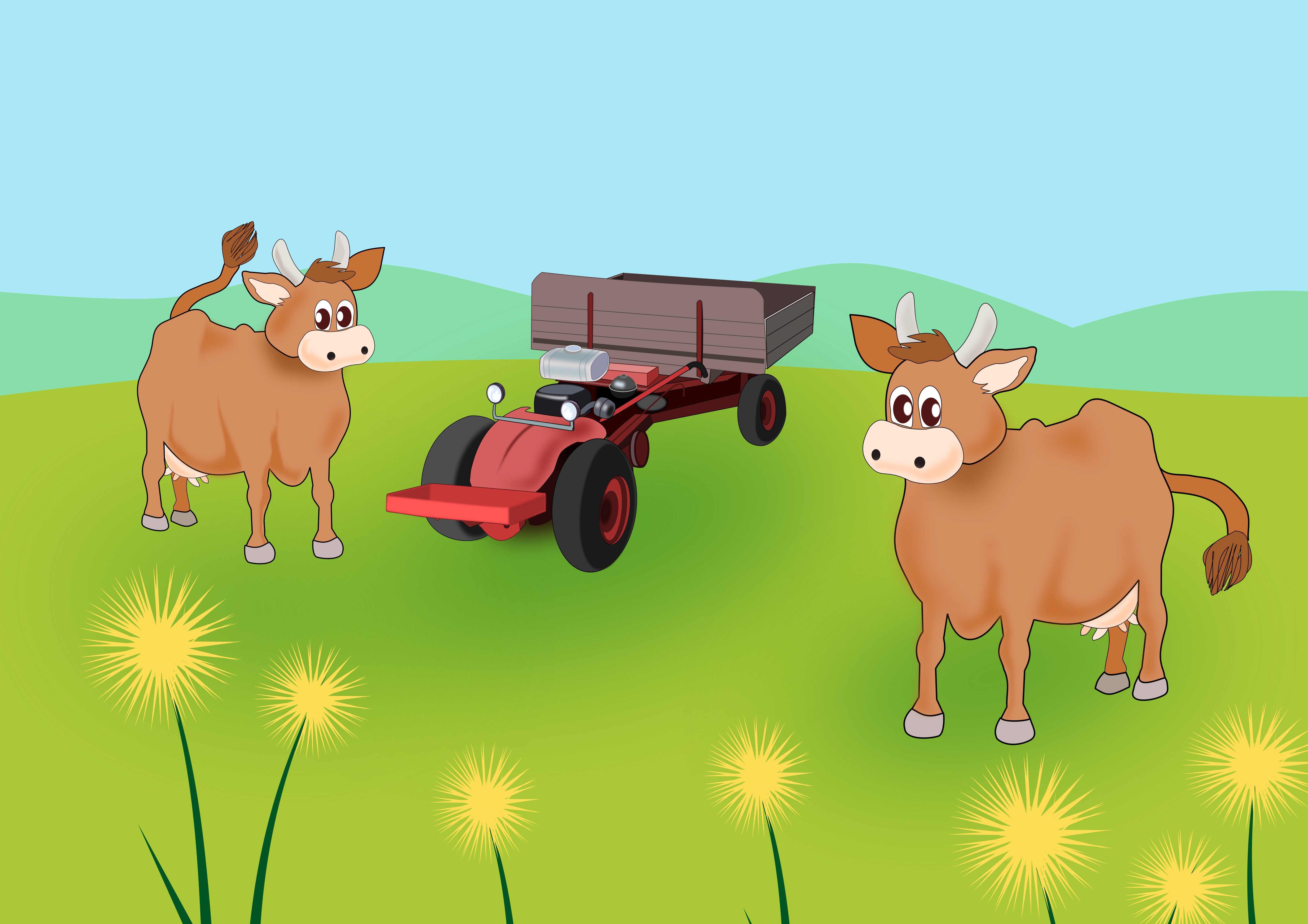 Cows and Tractor Cartoon Yellow Colours Canvas Prints Wonder Wall