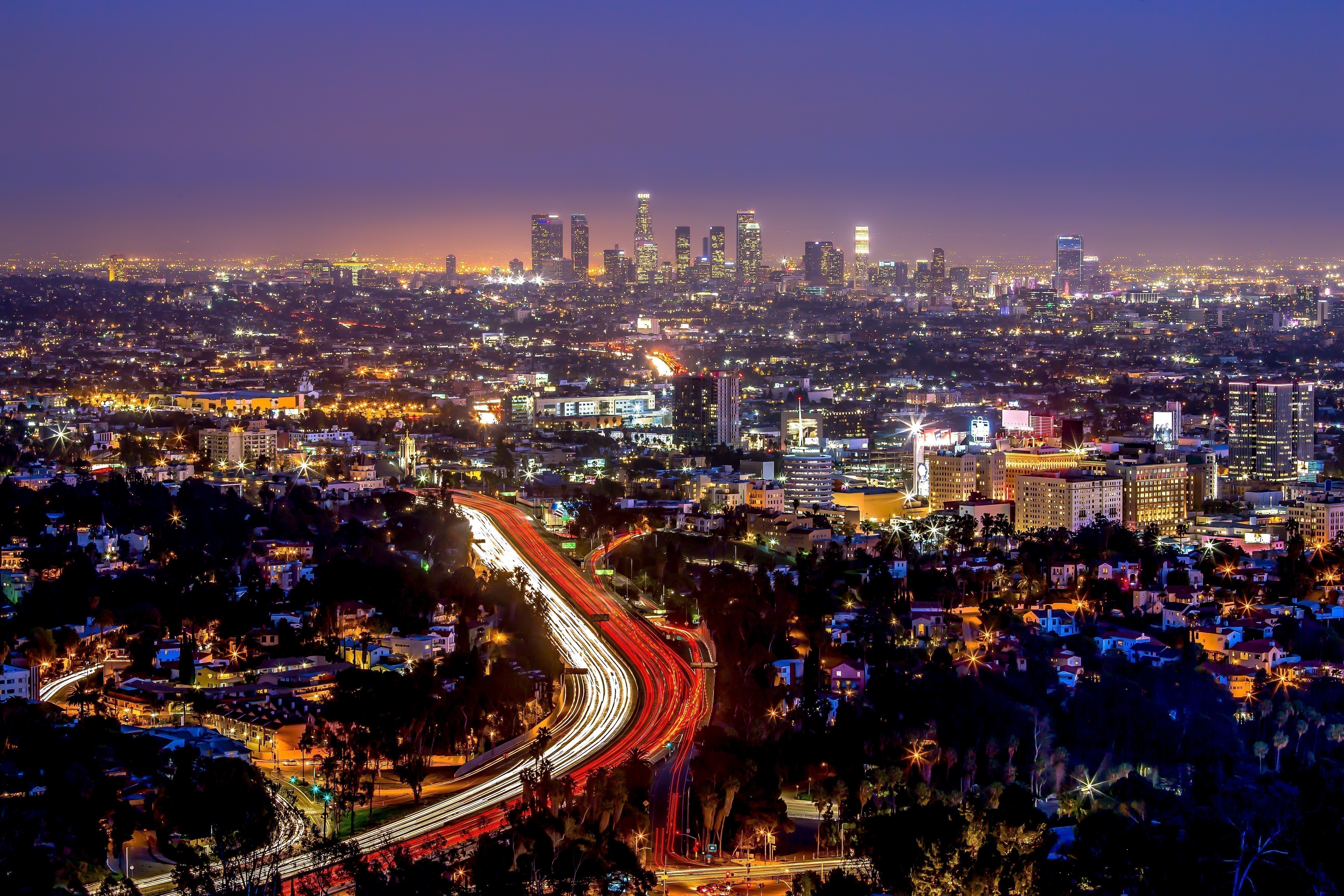 Los Angeles downtown and hollywood skyline at night - Purple - Colours