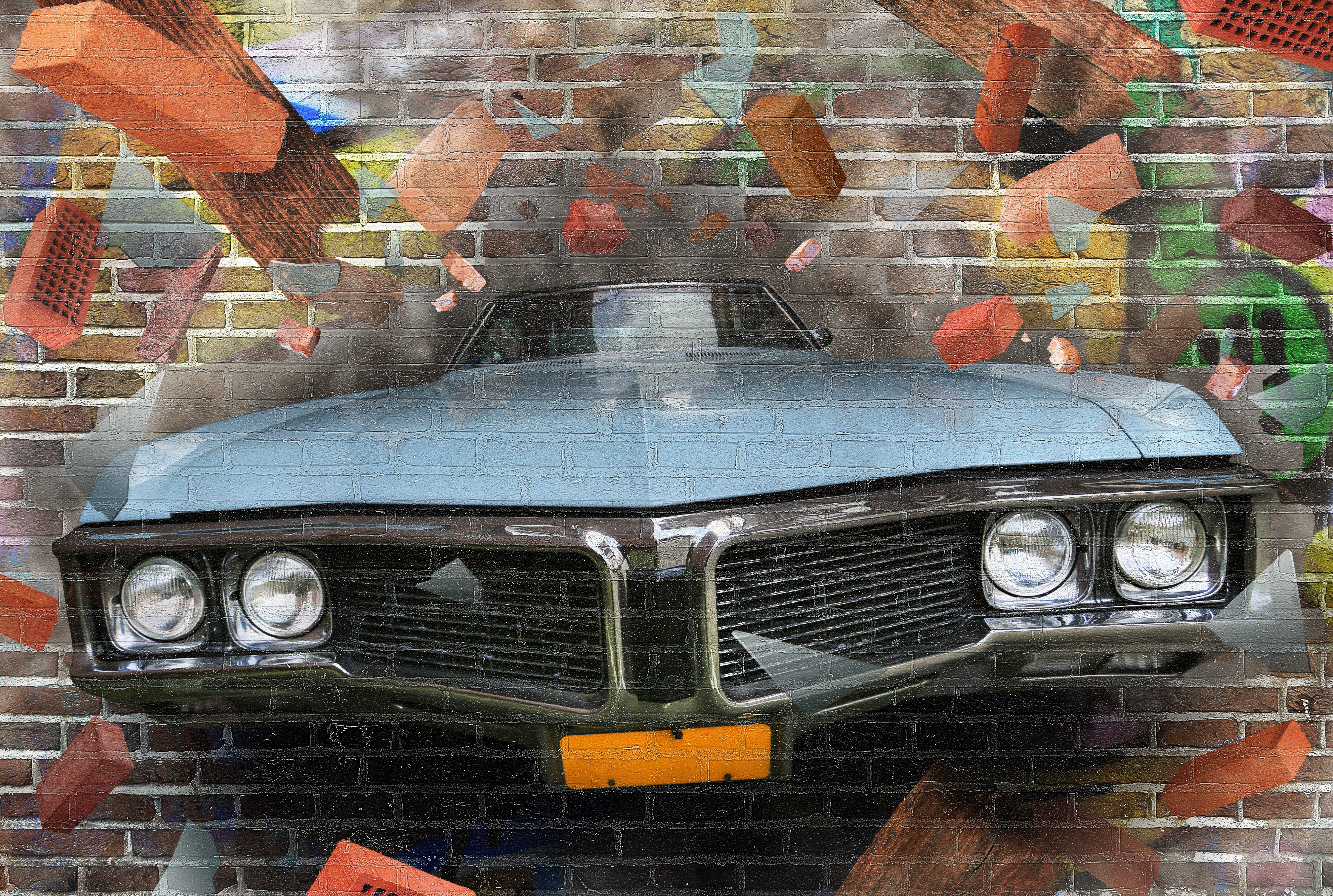 Graffiti car on a brick wall Vehicles Categories Wall Murals