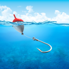 Float, fishing line and hook underwater vertical