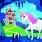 Cute unicorn in fairy tale cave