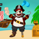 Treasure Island with pirate and treasure and pirate ship