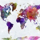 World map in watercolorpurple and blue