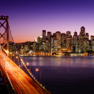 San Francisco skyline and Bay Bridge at sunset