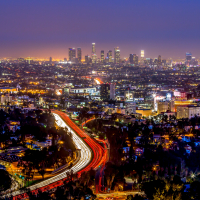 Los Angeles downtown and hollywood skyline at night