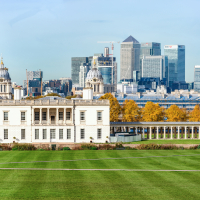 Greenwich park and Canary Wharf in London