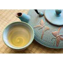 Oriental cast iron tea pot with tea cup on tatami mat