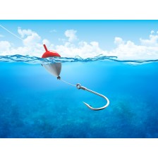 Float, fishing line and hook underwater vertical