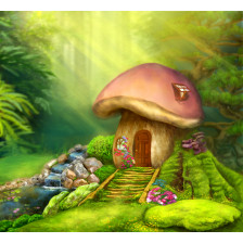 Fantasy mushroom cottage on a colorful meadow