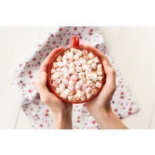 Hands holding hot chocolate with marshmallows in cup