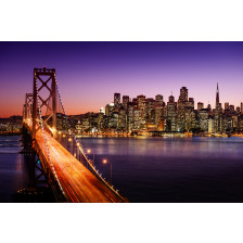 San Francisco skyline and Bay Bridge at sunset