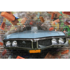 Graffiti car on a brick wall