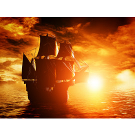 Ancient pirate ship sailing on the ocean at sunset