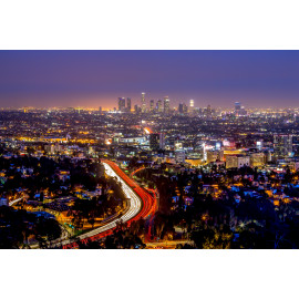 Los Angeles downtown and hollywood skyline at night