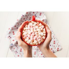 Hands holding hot chocolate with marshmallows in cup