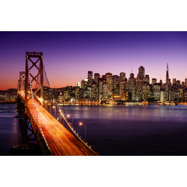 San Francisco skyline and Bay Bridge at sunset